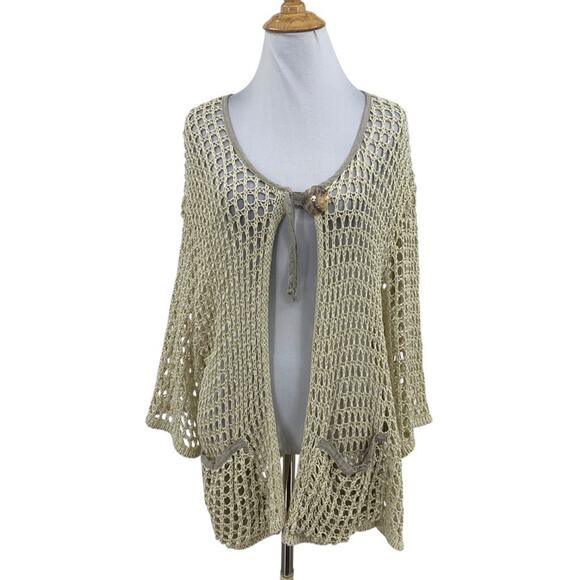 Zele Cardigan Womens M Medium Cream Flax Linen Open Knit Shell Button Pockets - Picture 1 of 11
